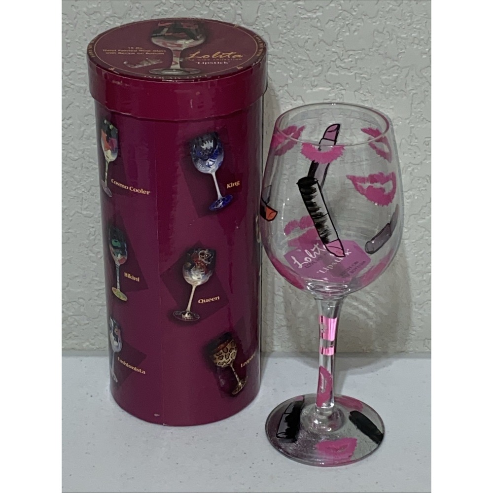 Lolita Lipstick Lips Kiss Wine Glass 15oz Hand-painted With Drink Recipe NEW